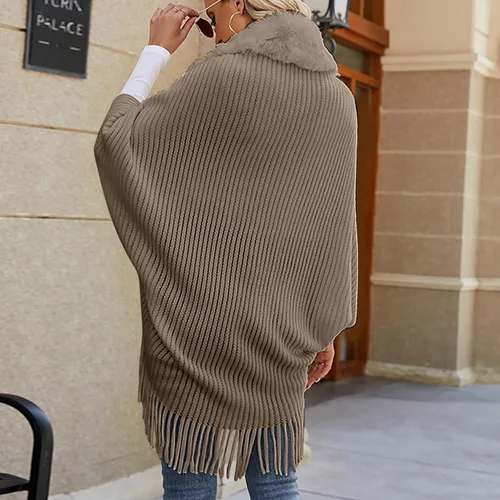 Vista 4 de Cárdigan de punto con flecos para mujer, suéter de capullo a la moda, abrigos de manga murciélago, capa de punto elegante con borlas