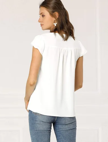 Vista 5 de Allegra K Blusa de manga casquillo corta, lisa, multiusos, para mujer