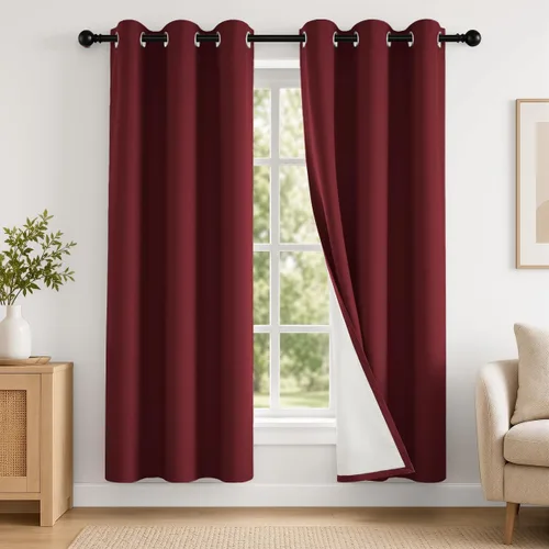 Vista 100 de 2 paneles de cortinas 100% opacas, de peso medio, con aislamiento térmico y ojales para dormitorio, sala de estar, tratamiento de ventana