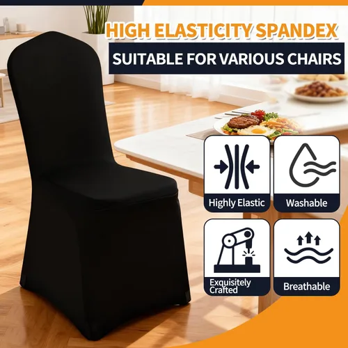 Vista 3 de Yahpetes 2 fundas para silla, de poliéster negro, fundas para sillas de banquete, parte delantera plana, elásticas, de elastano, para bodas