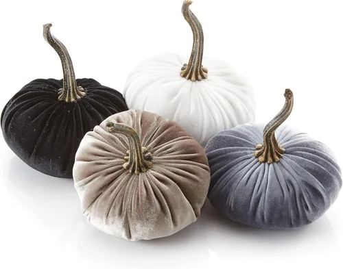 Vista 29 de Juego de 4 pequeñas calabazas de franela de terciopelo y algodón, decoración a cuadros de búfalo blanco y negro, estantes de calabaza negra