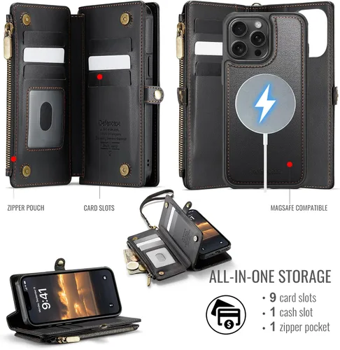 Vista 2 de Defencase Funda magnética para iPhone 13 Pro compatible con Magsafe con bloqueo RFID, correa de cremallera y tarjetero para mujer, funda de piel