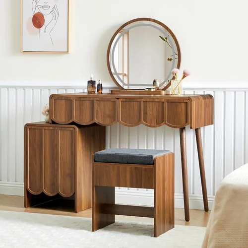 Vista 8 de ORRD Escritorio de tocador con espejo y luces, moderno panel de madera ondulada, juego de escritorio de maquillaje con cajones y gabinete, tocador