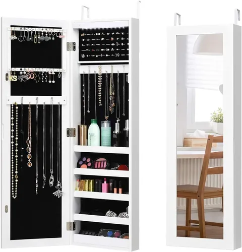 Vista 8 de Byroce Jewelry Armoire - Armario de pared para puerta, organizador de joyas con cerradura con espejo de longitud completa y 12 luces LED, armarios