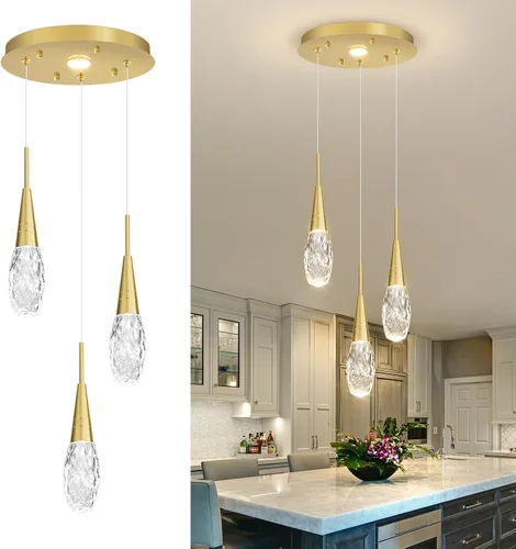 Vista 8 de 3 luces LED colgantes para isla de cocina, lámpara regulable dorada, moderna iluminación colgante de cristal para comedor, dormitorio, sala