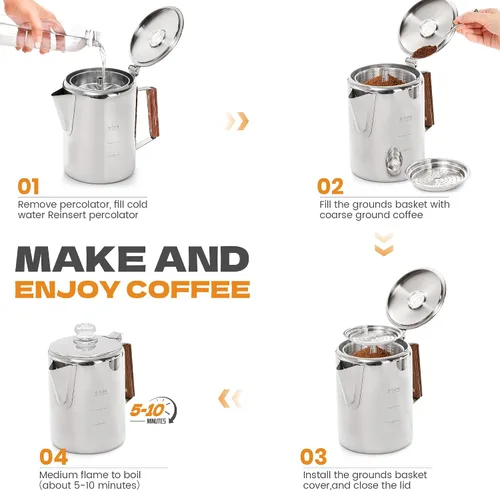 Vista 6 de Percolator Pot - Olla de café de acero inoxidable para acampar, sin aluminio o plástico, estufa de café (9 tazas)