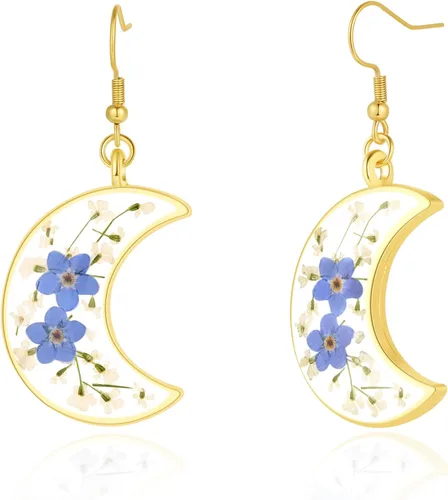 Vista 6 de Forget-Me-Not and Queen Anne's Lace Pressed Wildflower Earrings Pressed Flower Earrings Handmade Drop and Dangle Earrings Gift for Woman