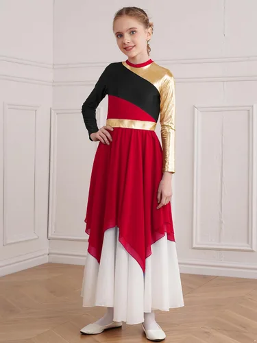 Vista 5 de JEATHA Vestido tipo túnica asimétrica de alabanza metálica brillante de manga larga para niños y niñas, disfraz de baile contemporáneo lírico