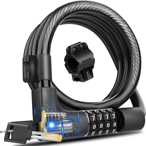 Vista 7 de KEYSTP Cable de bloqueo de bicicleta de 5 dígitos, cerradura de bicicleta de combinación reajustable resistente, antirrobo con soporte de montaje