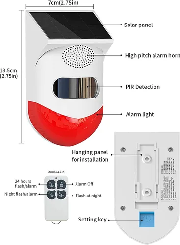 Vista 7 de ChunHee - Alarma solar con sensor de movimiento para exteriores, 2 unidades, activada y ajustable 120dB Loud Sound Strobe Light Security Siren