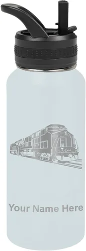 Vista 13 de LaserGram Botella de agua personalizada, tren de carga, acero inoxidable de doble pared aislada al vacío con popote superior, regalo grabado Negro
