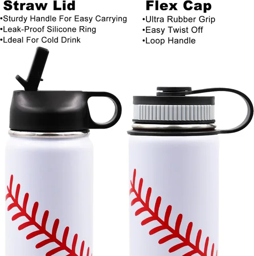 Vista 3 de Botella de agua de béisbol de 18 onzas, botella deportiva de boca ancha, vaso de viaje de metal con 2 tapas, botellas de agua aisladas al vacío