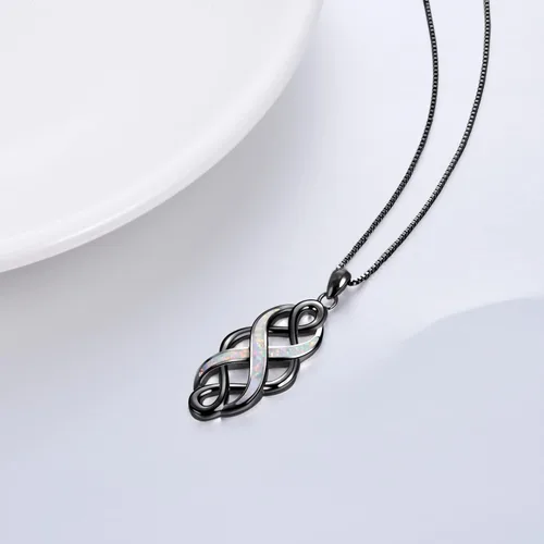 Vista 4 de YFN Collar con colgante de ópalo creado con nudo celta irlandés, collares negros de plata esterlina para mujeres y hombres de 18 pulgadas