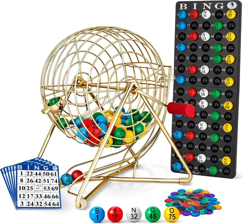 Vista 9 de MR CHIPS Juego de bingo profesional de 11 pulgadas de alto con jaula de acero, bolas eternas de 7/8 pulgadas, tablero maestro para bolas, color 3