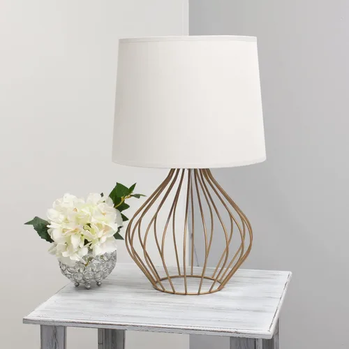 Vista 4 de Simple Designs LT2086-WOC Lámpara de mesita de noche ahuecada con cable geométrico, base de cobre con pantalla blanca