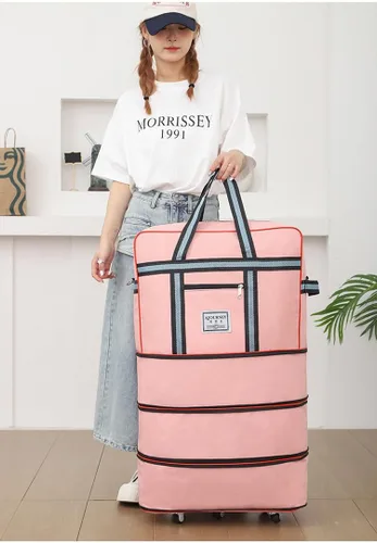 Vista 8 de Radefasun Bolsa de viaje Oxford expandible extra grande con ruedas, impermeable, ligera, plegable, maleta, Rosado, Equipaje extensible central