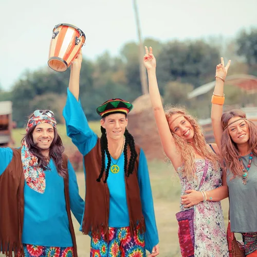 Vista 5 de Geyoga 5 piezas de disfraz hippie de los años 60 y 70 para hombres y mujeres camisa de pantalón hippie chaleco de imitación con rastas