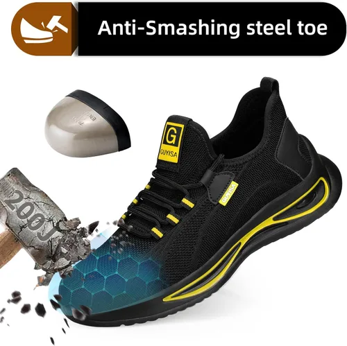 Vista 2 de GLANOUDUN Zapatos con punta de acero para hombre, zapatos de trabajo para hombres, zapatos de seguridad ligeros y cómodos, puntera de acero, zapatos