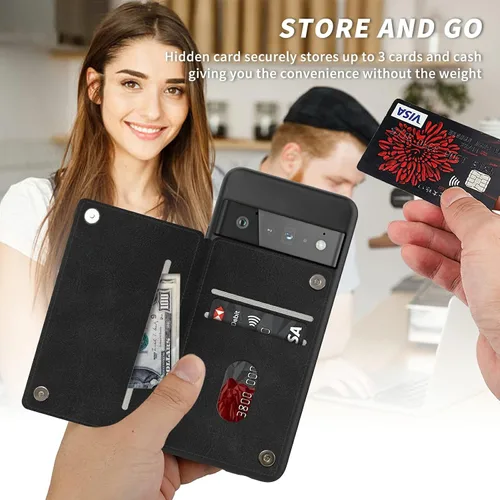 Vista 5 de Funda para Google Pixel 6 Pro con ranura para tarjetero, funda de piel sintética, doble cierre magnético y cubierta duradera de poliuretano girasol