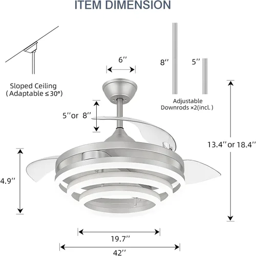Vista 6 de FIDGRA Ventilador de techo retráctil de 42 pulgadas, ventiladores de techo con luces, motor de CC silencioso, 6 velocidades, 3 cambios