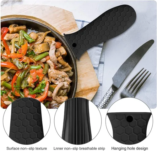 Vista 4 de Paquete de 8 fundas de mango de hierro fundido, soporte de silicona para mango caliente, soporte de mango de asistencia, funda antideslizante
