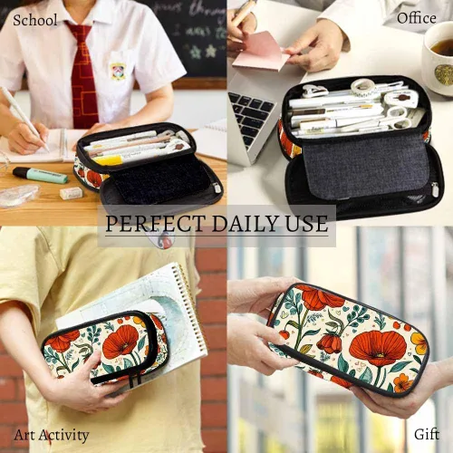 Vista 4 de Yekiua Bolsa Floral para Lápices, Flor Silvestre en Plena Floración, Hojas, Alta Capacidad, Bolsa para Artículos de Papelería, Bolsa