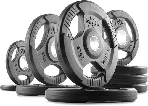 Vista 14 de XMARK TRI-GRIP - Par o juego de discos de peso olímpicos, pesas de ejercicio con revestimiento de goma para barra olímpica, juego de pesas de 01)