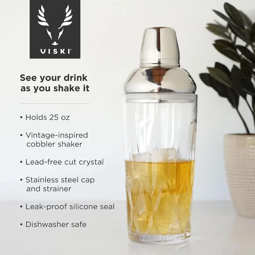 Vista 2 de Viski Admiral - Coctelera para cócteles fríos, Margarita, Whisky Sour, vaso de cristal cortado con tapa de acero inoxidable y colador, elegante