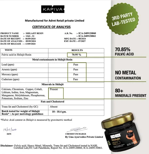 Vista 5 de Kapiva Resina de Shilajit 100% Pura del Himalaya (30gm), Alta Potencia para Hombres y Mujeres 120 Porciones de 250mg Más de 80 Oligoelementos