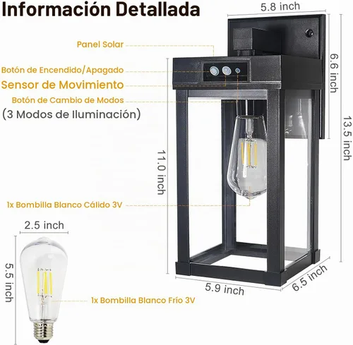 Vista 5 de Luces Solares de Pared para Exteriores, Aplique con Sensor de Movimiento con 3 Modos de Iluminación, Luminarias de Porche Exterior del Atardecer al
