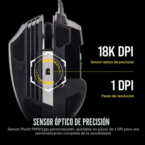 Vista 6 de Corsair Scimitar RGB Elite Mouse para juegos MOBA/MMO con cable - 18,000 DPI - 17 botones programables - Compatible con iCUE - PC, Mac, PS5, PS4
