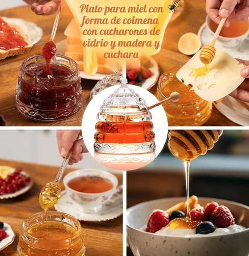 Vista 7 de Elegante tarro de miel de cristal con 2 de cristal + 1 cucharón de madera y 1 cuchara transparente Diseño de colmena Contenedor de 10 onzas