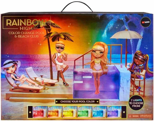 Vista 6 de Set de Juego de Cambio de Color de Rainbow High: Piscina Multicolor Iluminada 7 en 1, Sombrilla Ajustable y Accesorios de Piscina. Se adapta a 7