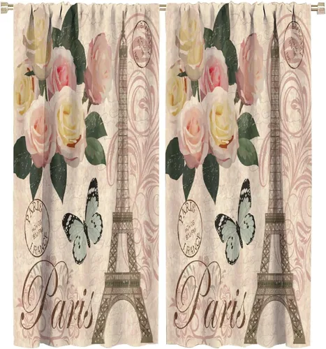 Vista 23 de Cortinas de la Torre Eiffel de París, pintura al óleo, flores moradas, torres de ciudad, con bolsillo para barra, cortinas de ventana