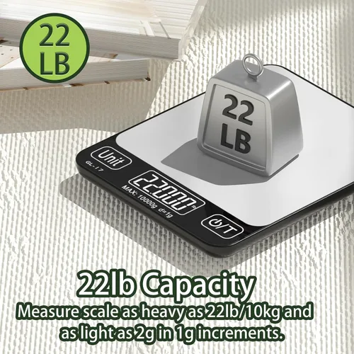 Vista 6 de Balanza digital de alimentos, 22.0 lbs/22 libras, peso para hornear, cocinar, Keto y preparación de comidas con 7 unidades, pantalla LCD de Negro