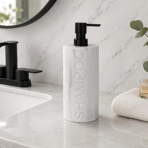 Vista 15 de Paquete de 2 botellas recargables de resina negra mate para champú y gel de baño – Juego de dispensadores de bomba modernos para baño, recipientes