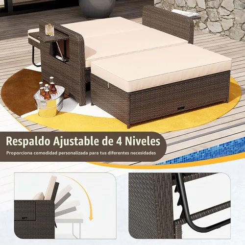 Vista 5 de LDAILY Moccha - Sofá cama para exteriores, sofá biplaza de mimbre con respaldo ajustable de 4 posiciones, otomana de almacenamiento, cojines Beige