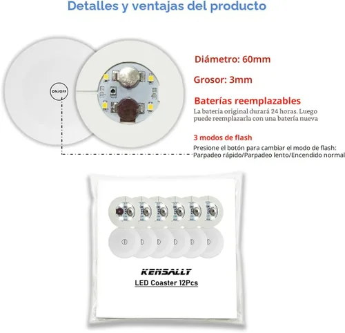 Vista 2 de 12 posavasos LED, luces LED adhesivas, luces LED para botellas, luces para botella de licor de vino, chispas de botella para champán, fiesta, bar