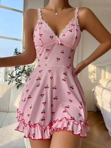Vista 4 de SHENHE Camisón sin mangas con estampado de cereza para mujer, con ribete de encaje, dobladillo con volantes