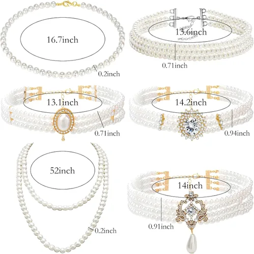 Vista 2 de NEWITIN 6 collares de perlas de diamantes de imitación para mujer, gargantilla de perlas en capas con diamantes de imitación de los años 20, collar