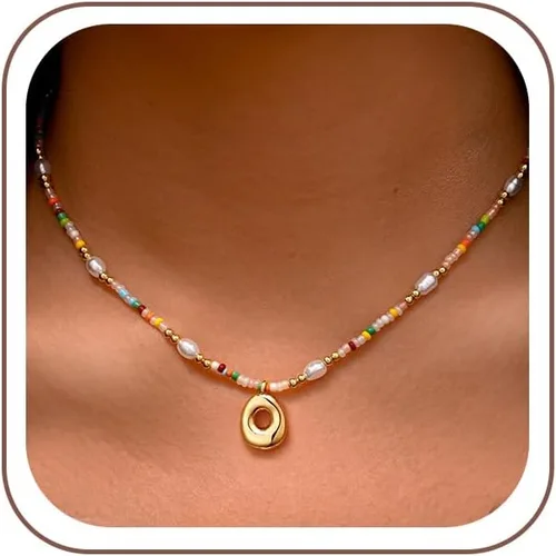 Vista 20 de Ritach - Regalos de Navidad para nietas, adolescentes y niñas, collar con inicial de perlas de colores claros, collar con dije de burbuja dorada