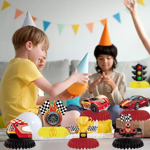 Vista 5 de 8 piezas de decoración de fiesta de coche de carreras, centro de mesa de papel de panal de abeja, centros de mesa Let's Go Racing de doble cara 3D