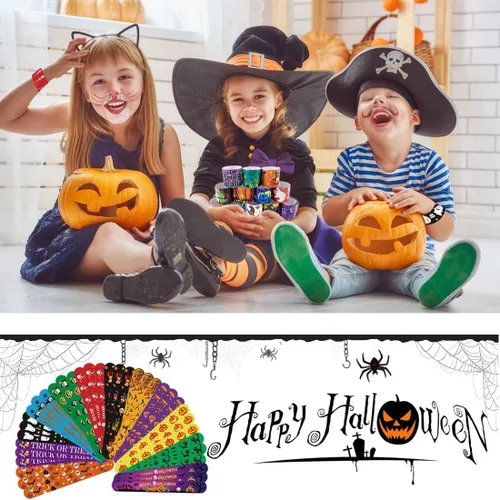 Vista 5 de SUNPROUND Pulsera de Halloween para niños, 100 piezas de pulseras a presión con diseño de araña, calabaza, fantasma, zombie, murciélago y brujas