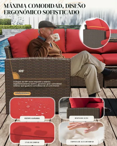 Vista 4 de U-MAX Juego de muebles de patio, 7 piezas de sofá seccional para exteriores Ratán marrón y cojín rojo