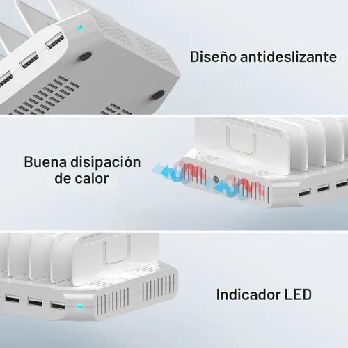 Vista 7 de Unitek Estación de carga de 10 puertos, organizador de cargador USB para múltiples dispositivos Multi Charging Dock Smart IC Tech Adjustable