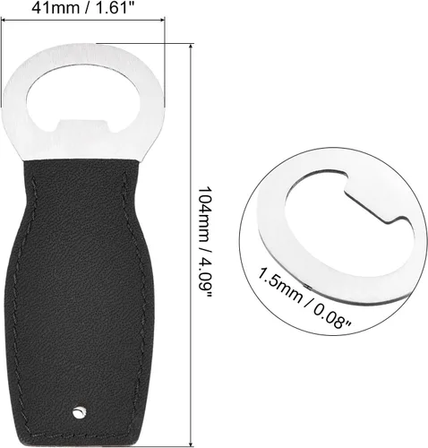 Vista 2 de uxcell Abrebotellas, 1 abridor de botellas de cerveza de acero inoxidable de 4 pulgadas con mango de cuero, abridor de cerveza plano para barman