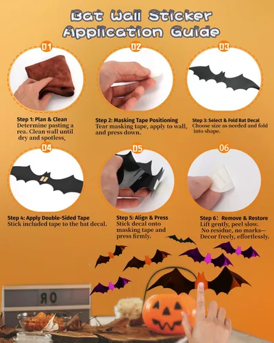 Vista 6 de 72 piezas de decoración de murciélagos de Halloween para interiores y exteriores, suministros de fiesta de Halloween, calcomanías de murciélago 3D 3