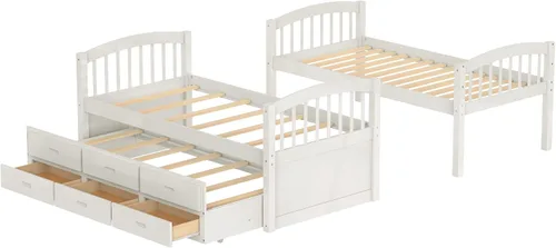 Vista 5 de Harper & Bright Designs Litera de madera maciza con nido, litera individual sobre individual con 3 cajones de almacenamiento y riel de seguridad, se