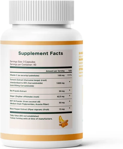 Vista 8 de Curcumina de cúrcuma 95 1000 mg, 95% complejo de curcuminoides con propóleo de abeja y bioperina, 120 cápsulas, suplemento de apoyo