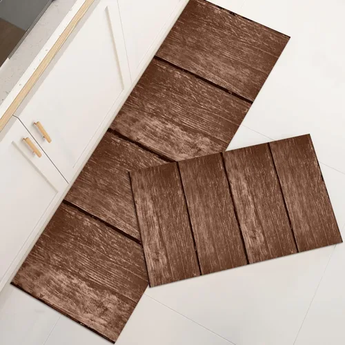 Vista 21 de GUBIYU Juego de 2 alfombras y tapetes de cocina de madera campestre, lavables, rústicas, tablones de madera marrón, alfombras de baño